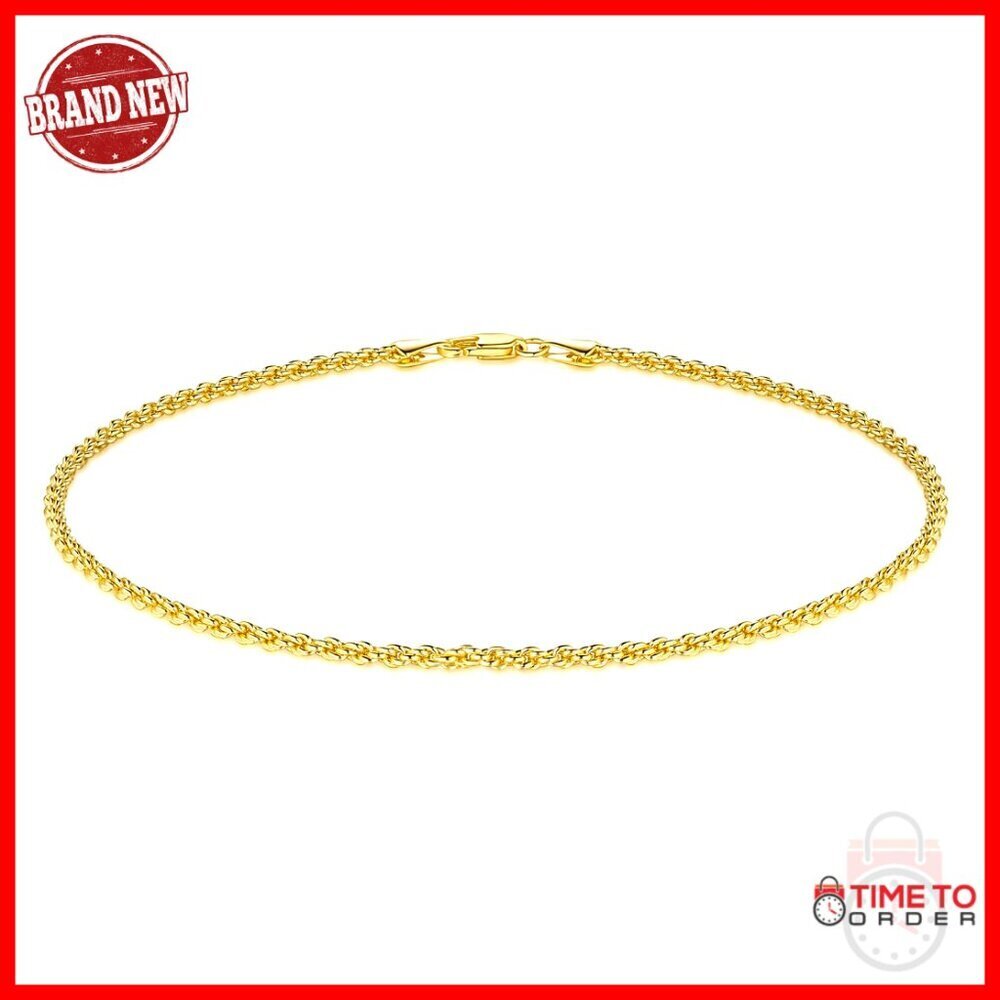 14K Gold Plated Rope Chain Anklet 2mm Thin Lobster Clasp 9/10/11in